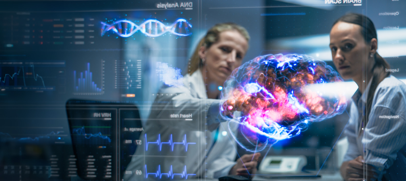 The image shows a digital interface with a holographic display of a human brain, flanked by two individuals who appear to be scientists or researchers observing the hologram, set against a backdrop that suggests a high-tech laboratory environment.