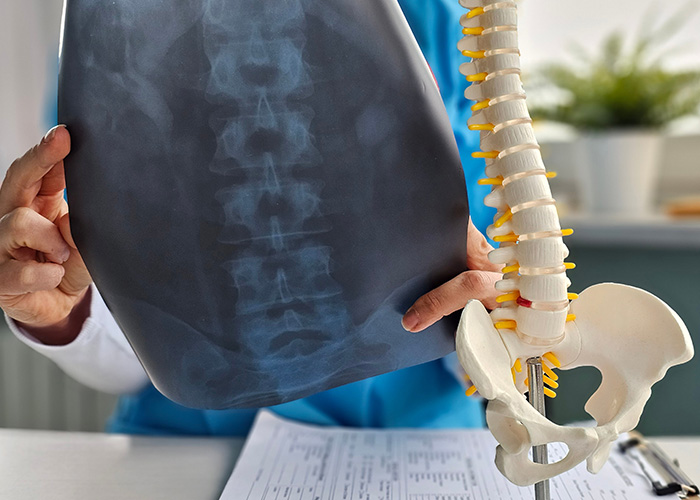 The image shows a medical professional holding up an X-ray against a backdrop featuring a skeleton model with pins, indicating a focus on orthopaedic or spinal care.